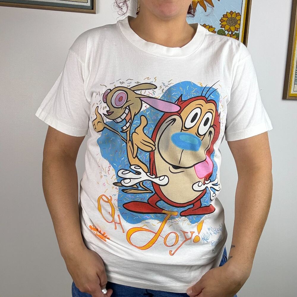 Vintage Ren & Stimpy T-shirt White Large Single Stitch 1991 anvil